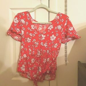 Coral, Pink, Floral, Tie-up, Blouse